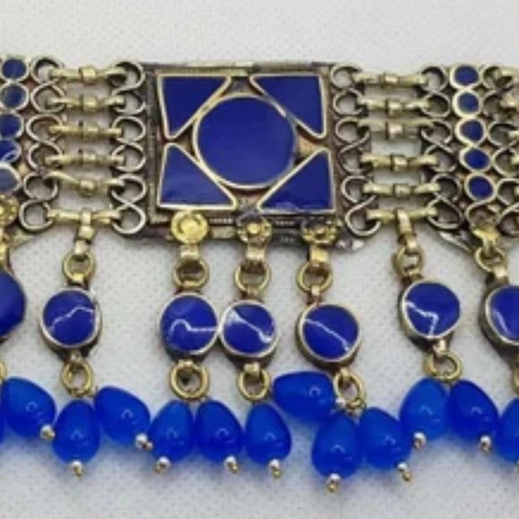Blue Choker Necklace With Dangling Beads, Handmade Kuchi Necklace, Statement - Picture 6 of 6